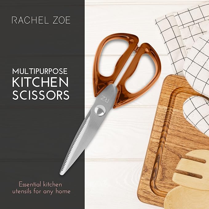 Rachel Zoe Multi-Purpose Kitchen Scissors, Stainless Steel Kitchen Shears with Protective Sheath & Soft Handle Grips, Dishwasher Safe, Vegetables, Fruits & Meat Cutting Scissors (Brown/Silver)