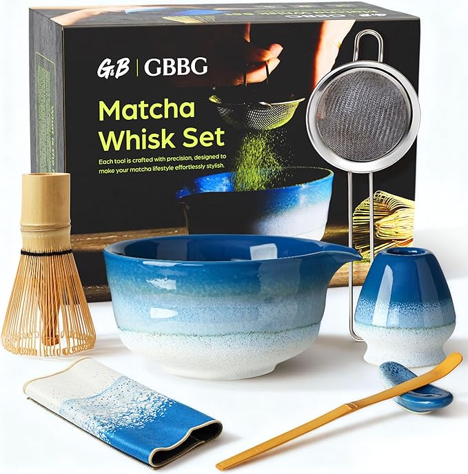 Matcha Whisk Set, Ceramic Matcha Set, Matcha Bowl, Matcha Whisk and Holder, Bamboo Scoop, Scoop Rest, Sifter and Tea Towel - 7 Pcs Matcha Kit for Lovers Family Birthday Gift (Blue)