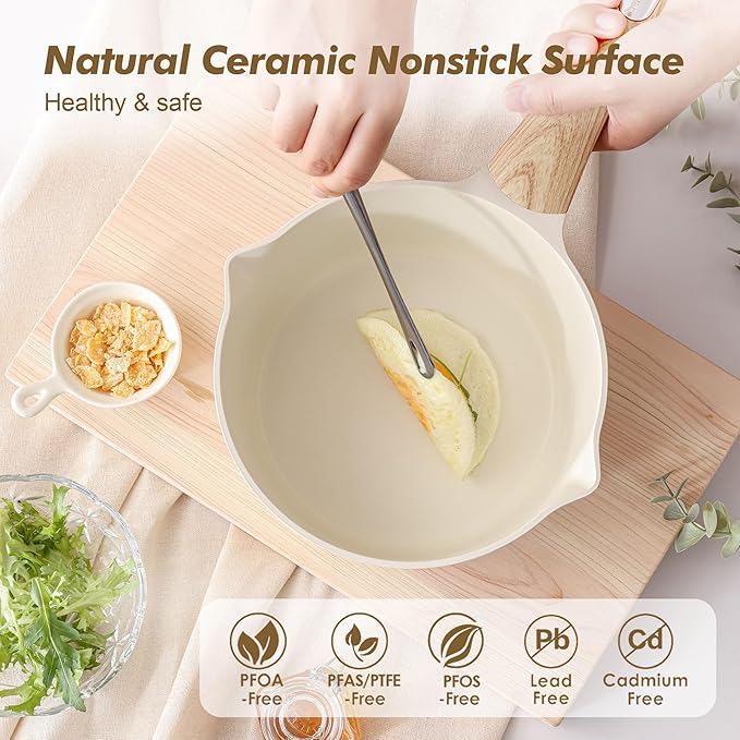 SENSARTE 2.0 & 3.0 Quart Ceramic Sauce Pan Sets with Lid, Cooking Pots Set, Nonstick Saucepan Set with Pour Spout, Small Kitchen Pot, Non toxic Saucepot, Induction Comptable, PFOA PTFE PFAS Free