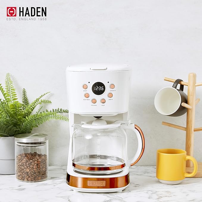 Haden Heritage 4 Slice Wide Slot Stainless Steel Toaster Bundled with 12 Cup Programmable Drip Coffee Maker Coffee Machine, Ivory & Copper