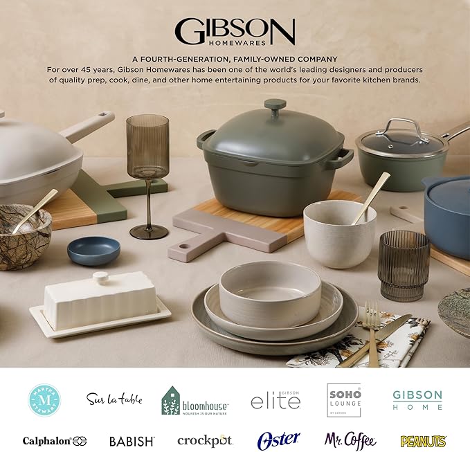 Gibson Elite Sunveil 16 Piece (Service for 4) Plates and Bowls Reactive Glaze Round Dishes Stoneware Ceramic Dinnerware Set -Taupe