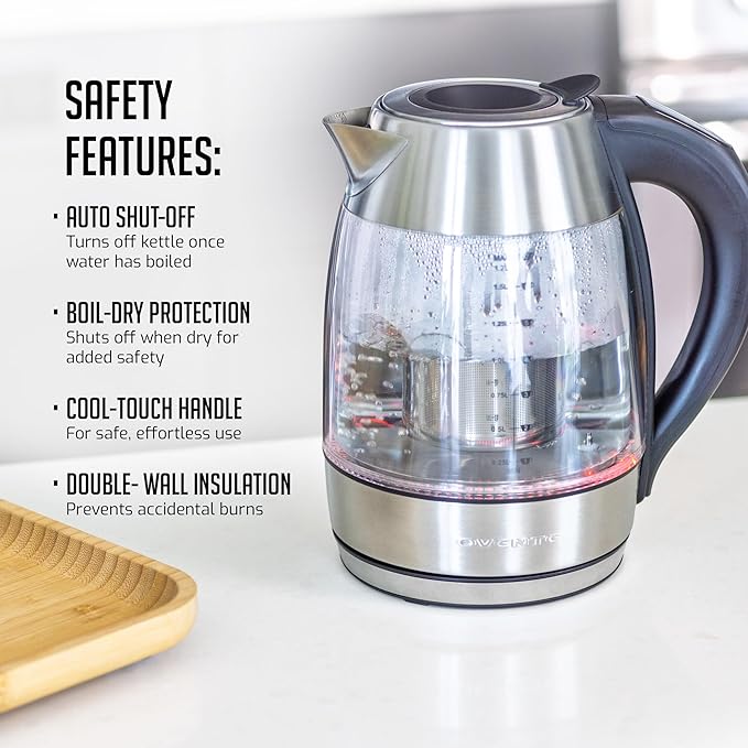 OVENTE Electric Tea Kettle with Temperature Control, Removable Tea Infuser, Easy to Fill Lid, Keep Warm Function, Auto Shut-Off, 1.7L Double Wall Borosilicate Glass, Stainless Steel Base, Silver KD68S