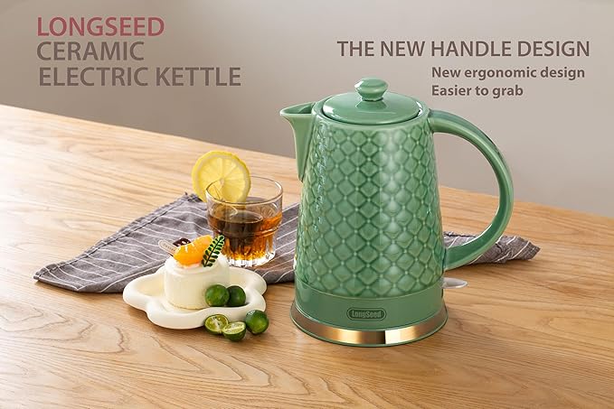 Ceramic Electric Kettle, 1.5L/1200W Boil Water Quickly and Easily with Boil-Dry Protection Auto Shut Off, Detachable Swivel Base, Green Relief Carving