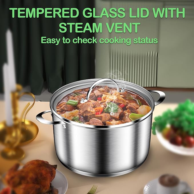 Cooking Pot, Stainless Steel Stock Pot, Soup Pot with Glass Lid, Induction Pots - 6.8 Quart