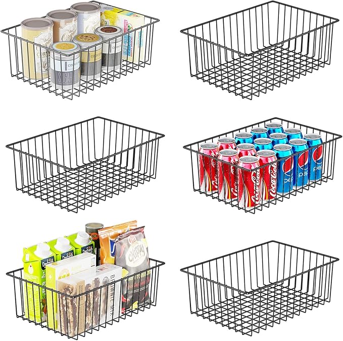 Simple Trending 6 Pack Large Wire Baskets for Organization, Metal Pantry Storage Baskets for Cabinet, Kitchen, Garage, Bathroom, Black