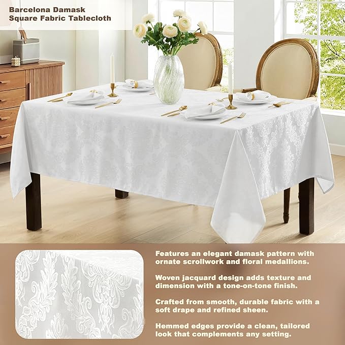 Newbridge Barcelona Luxury Damask Fabric Tablecloth, 70” x 70”, Square, White, 100% Polyester, No Iron, Soil Resistant Dining Room, Party and Banquet Table Cover