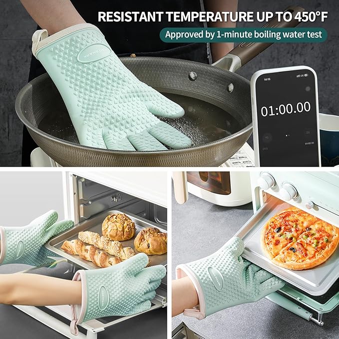 MAD SHARK Silicone Oven Mitts Heat Resistant 450 Degrees,Waterproof & Non-Slip Oven Gloves with Fingers,Cotton Lined Silicone Oven Gloves Kitchen Mitts for Baking Cooking Barbecue,Women (Green)
