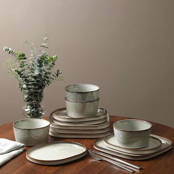 Stone Lain Cairo 12-Piece Dinnerware Stoneware, Plates and Bowls, Microwave and Dishwasher Safe, Includes Dinner and Salad Plates, Cereal Bowls, Dish Set for 4, Grey