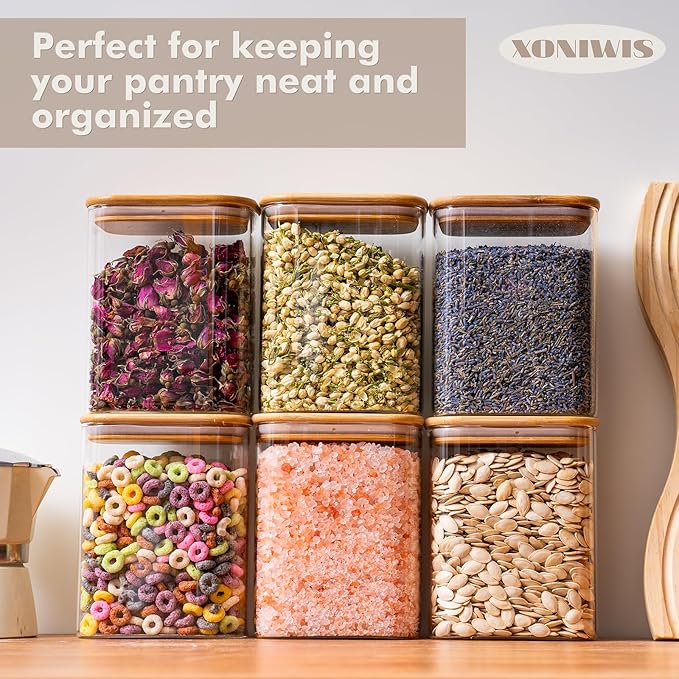 37oz 6PCS Glass Storage Containers with Lids, Glass Jars with Lids Pantry Food Storage Jars, Square Canister For Cookie, Nuts, Snack, Cereal, Candy, LeafTea, Coffee, Spice