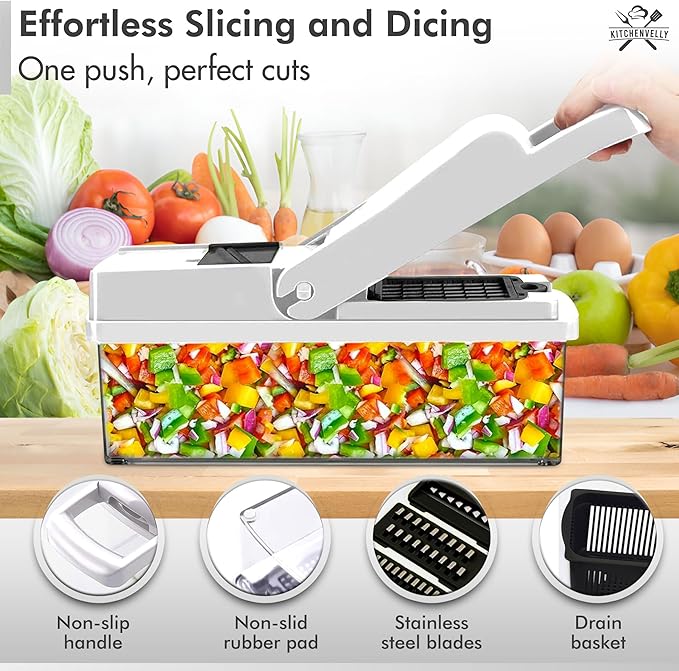 16-in-1 Vegetable Chopper and Slicer with 8 Blades – Veggie Cutter, Dicer, Food Chopper with Container & Lid – Multi-Purpose Kitchen Tool for Easy Meal Prep (Black)