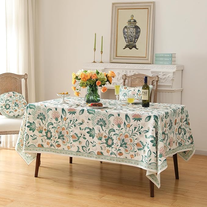 patdrea Designer Green Rectangle Table Cloth,Vintage Italian Floral Country Linen Breathable Tablecloth,Decor Cover for Kitchen Dining,Christmas,Tea Party,Thanksgiving,55"x87"-Tree Life
