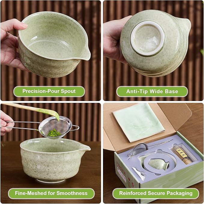 7Pcs Matcha Whisk Set - Matcha Bowl with Spout, Bamboo Whisk (Chasen), Holder, Stainless Sifter, Tea Scoop, Tea Towel, Scoop Rest. Full Japanese Ceremony Matcha Kit, Perfect Gift for Tea Fans (Green)