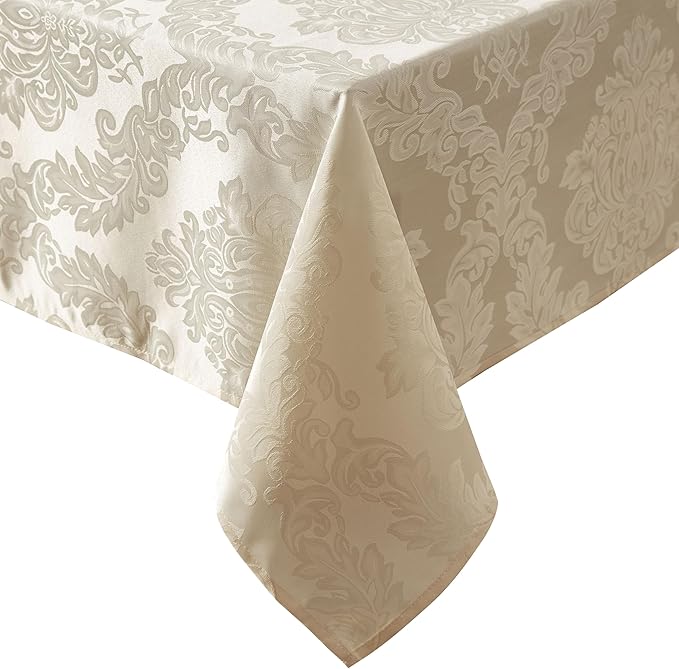 Newbridge Barcelona Luxury Damask Fabric Tablecloth, 60” Wide x 144” Rectangle, Golden Beige, 100% Polyester, No Iron, Soil Resistant Dining Room, Party and Banquet Table Cover