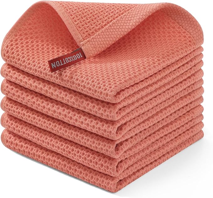 Homaxy 100% Cotton Waffle Weave Kitchen Dish Cloths, Ultra Soft Absorbent Quick Drying Dish Towels, 12 x 12 Inches, 6-Pack, Coral