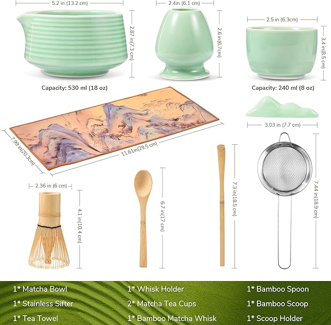 HELPLX Matcha Whisk Set 10-Piece Japanese Matcha Kit with BowlWhisk & Holder2 Tea CupsBamboo ScoopSpoonSifterScoop Rest & Tea Towel – Green Matcha Tea Set for Ceremony or Daily Use