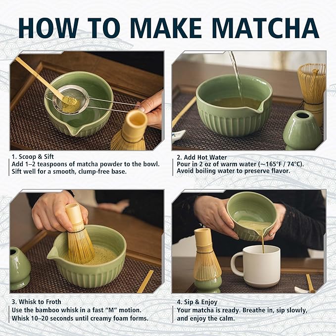 Matcha Whisk Set, Matcha Starter Kit for Tea Ceremony, Ceramic Matcha Bowl with Spout, Bamboo Whisk, Scoop, Ceramic Holders, Stainless Sifter, Towel, 7pcs Japanese Tea Making Tools (Green)