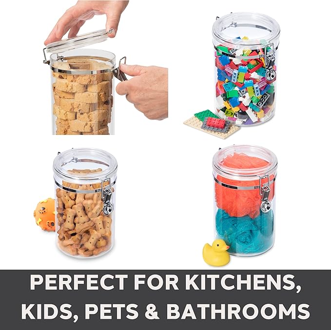 Oggi 4pc Clear Canister Set with Clamp Lids Airtight Containers in Sizes Ideal for Kitchen & Pantry Storage of Bulk, Dry Foods Including Flour, Sugar, Coffee, Rice, Tea, Spices & Herbs (Pack of 3)