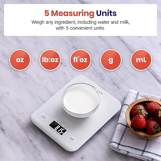 Etekcity Food Kitchen Scale, Digital Grams and Ounces for Weight Loss, Baking, Cooking, Keto and Meal Prep, LCD Display, Medium, White