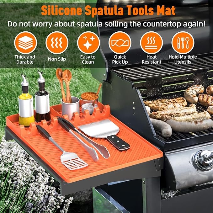 Silicone Grill Mat Compatible with Blackstone, Silicone Griddle Tools Mat with Drip Pad, Spatula Mat for Outdoor Grill Kitchen Counter (Orange)