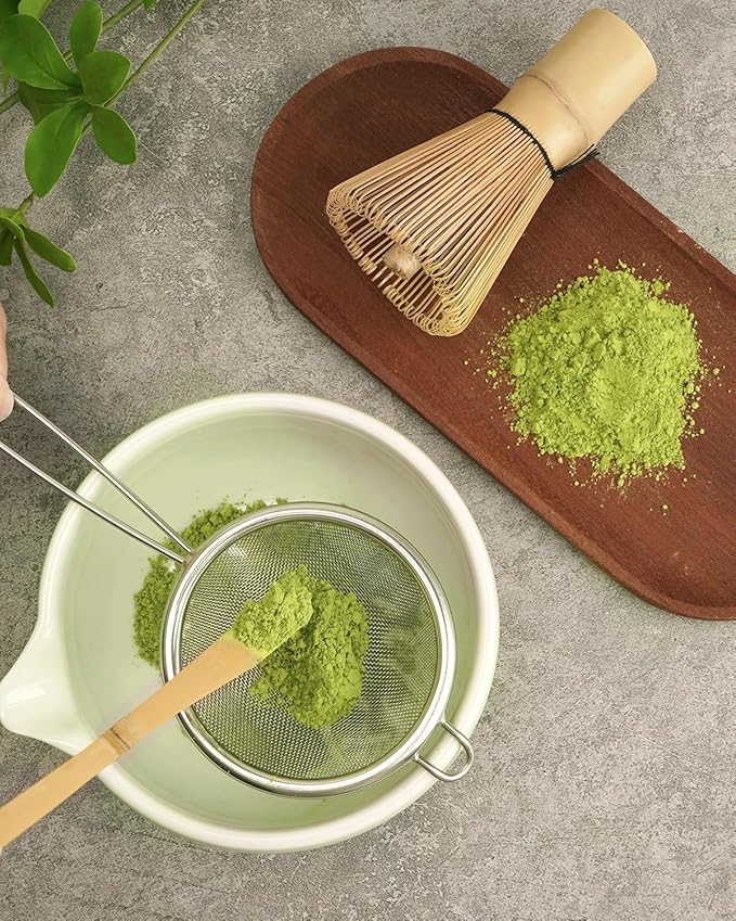 Traditional Matcha Starter Set, Bamboo Whisk (Chasen), Scoop (Chashaku), Stainless Steel Sifter, Basic Matcha Tea Making Kit
