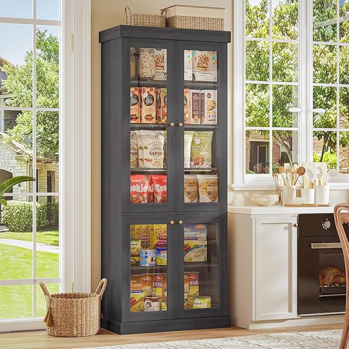 70.8" Bookshelf with Glass Doors, Farmhouse Modular Bookcase with 6-Tier Adjustable Shelves, Large Storage Cabinet for Living Room & Home Office, Set of 4, Black