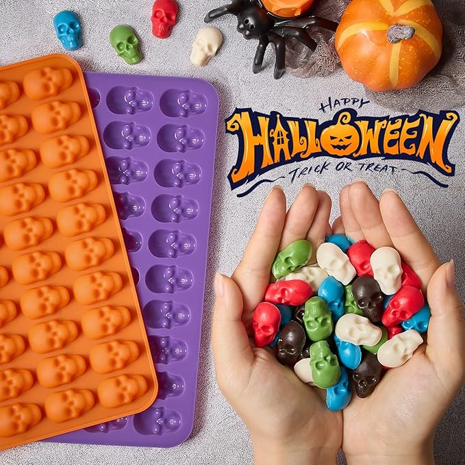 JOERSH Halloween Chocolate Silicone Molds, 2PCS Skull Shaped Candy Mold Non Stick for Chocolate, Fondant, Gummy, Jello, Ice Cubes, Dessert Cake Decorating