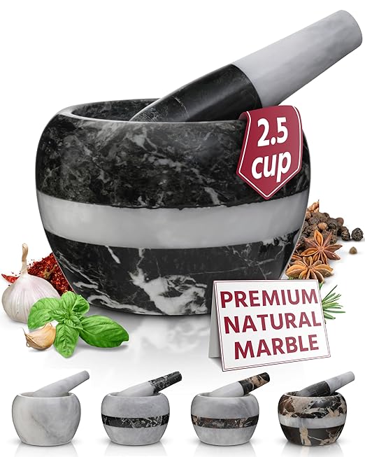 Gusto Nostro Natural Marble Mortar and Pestle Set | 5 Inch - 2.5 Cup Large Mortar Pestle Set for Grinding Herbs, Nuts, Grains | Pesto Grinding and Guacamole Stone Bowl | Marble Spice Crusher