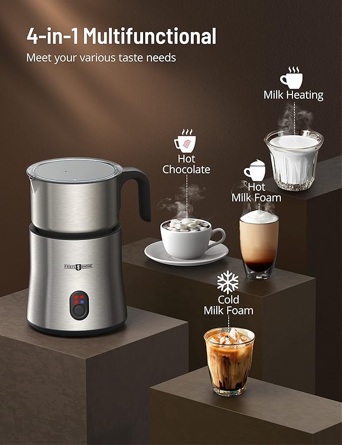 PARIS RHÔNE Detachable 4-in-1 Milk Frother and Steamer, PARIS RHÔNE 300ml Hot Chocolate Maker and Electric Milk Heater with Hot & Cold Foam, Dishwasher Safe