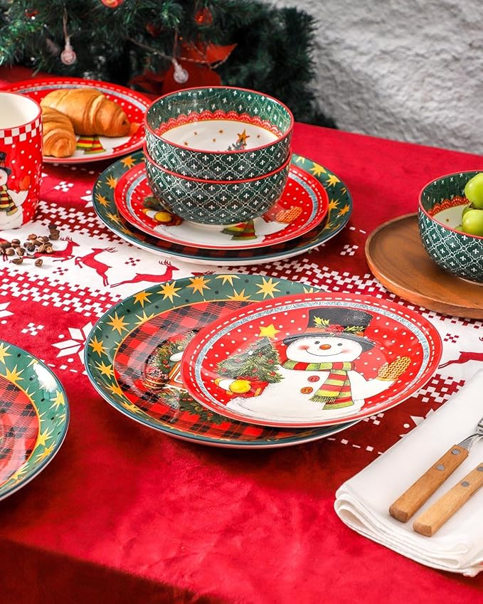 Hasense Christmas Dinnerware Set of 4, Ceramic Plates and Bowls Sets with Mugs, 16 Pieces Chip & Scratch Resistant Party Serving Dishes for Holiday Gift, Microwave and Dishwasher Safe