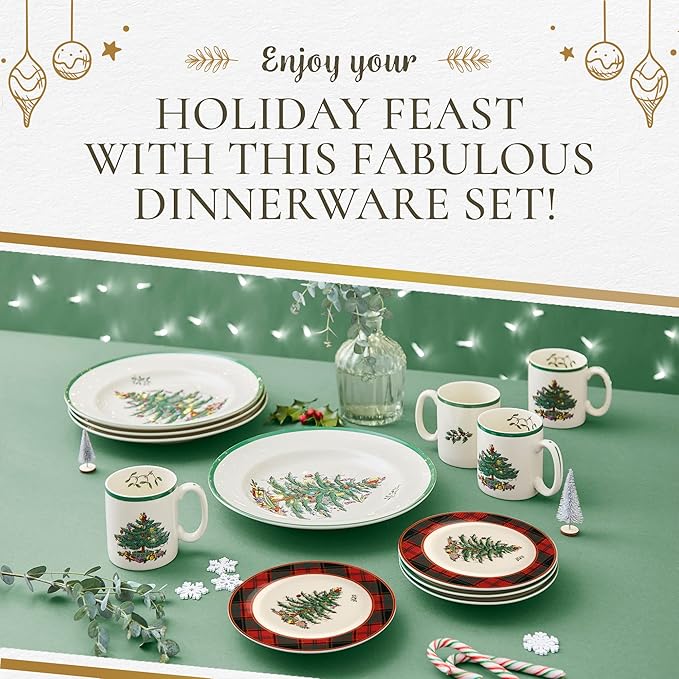 Spode Christmas Tree 16-Piece Tartan Dinnerware Set (Service for 4) - Festive Holiday Tableware with Plates, Bowls, Mugs - Porcelain Christmas Dinnerware - Microwave & Dishwasher Safe