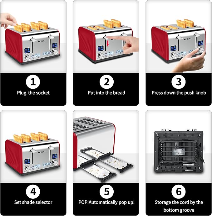 Toaster 4 Slice, KitchMix Bagel Stainless Toaster with LCD Timer, Extra Wide Slots, Dual Screen, Removal Crumb Tray (Red)