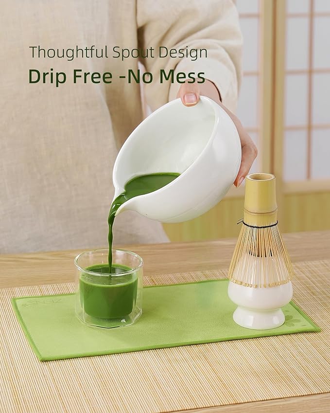 ZENS Matcha Whisk Set, 5pcs Matcha Kit Set Includes Ceramic Bowl, Bamboo Whisk and Chasen Holder, Scoop & Tea Mat，Matcha Tea ceremony Gift for Matcha Lovers, White