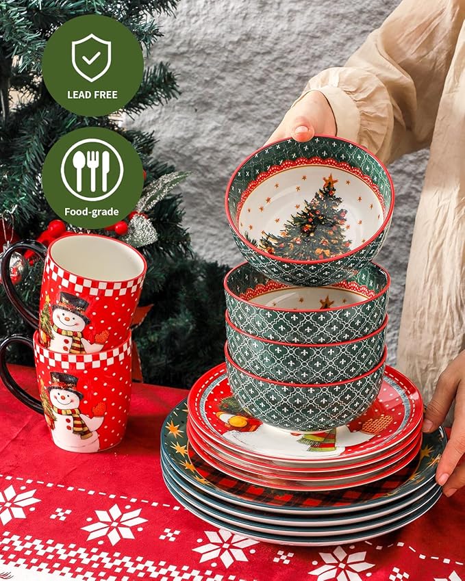 Hasense Christmas Dinnerware Set of 4, Ceramic Plates and Bowls Sets with Mugs, 16 Pieces Chip & Scratch Resistant Party Serving Dishes for Holiday Gift, Microwave and Dishwasher Safe
