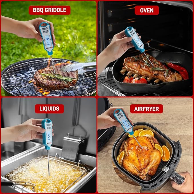 Meat Thermometer Digital, Instant Read Food Thermometer – Waterproof Nonslip Grip Kitchen Timer & Temp Chart Thermometer for Cooking Candy, Oil Fry Indoor & Outdoor Grilling Smoker Roast