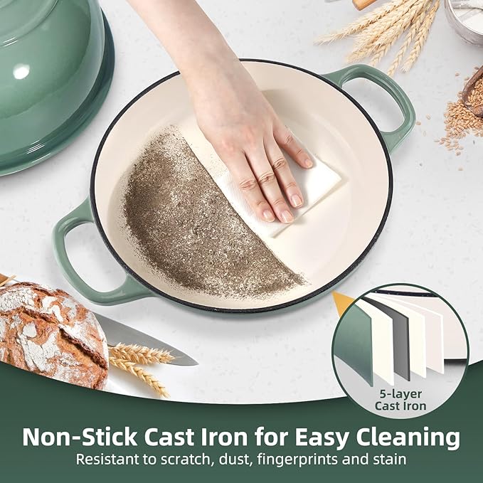 Davivy 5.5QT Cast Iron Sourdough Pan, 10" Round Dutch Oven for Bread, Enameled Cast Iron Dutch Oven for Sourdough Bread, Bread Baking Cloche, with Silicone Baking Mat - Sea Salt Green