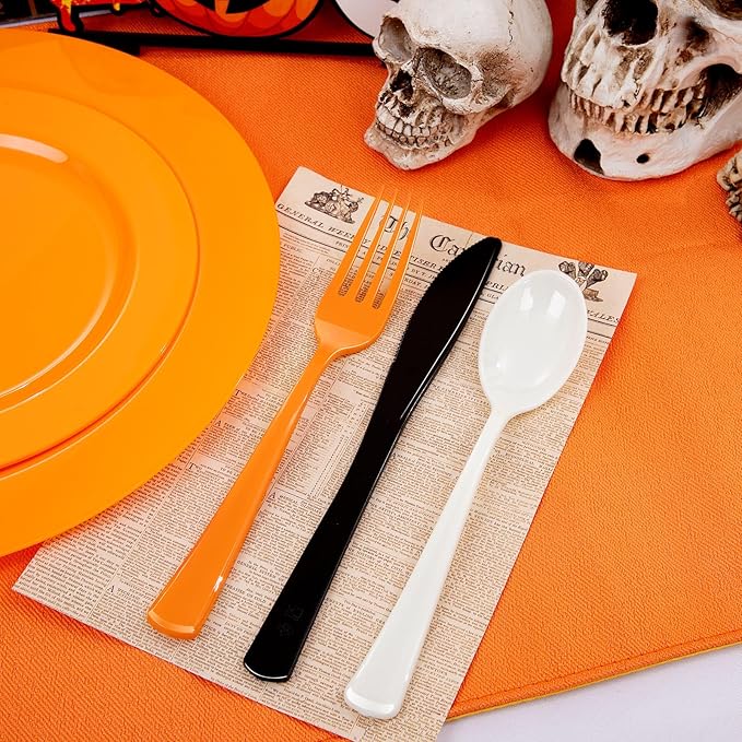 NOCCUR 180PCS Halloween Plastic Silverware Set - Tricolor Flatware Disposable Supplies Include 60 Black Knives, 60 Orange Forks, 60 White Spoons - Ideal for Thanksgiving Party