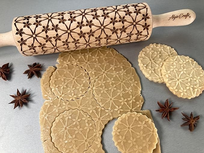 Rolling pin FLORAL NET. Wooden embossing rolling pin with Oriental flowers. Embossed cookies. Pottery. Birthday gift. Gift for mother