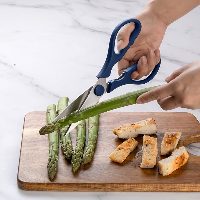 Rae Dunn Kitchen Scissors- Stainless Steel Kitchen Shears, Cooking Scissors for Cutting Meat, Chicken, Herbs and Produce with Blade Cover and Soft Grip Handles (Blue)