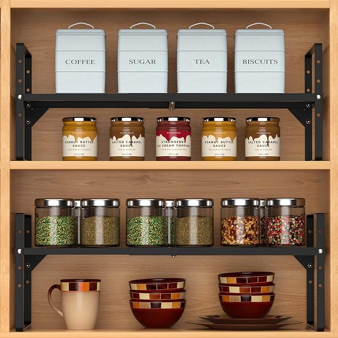 Expandable Counter Shelf, Adjustable Height Spice Rack Metal Mesh Board Shelf Organization for Kitchen Pantry Bathroom Office -Black