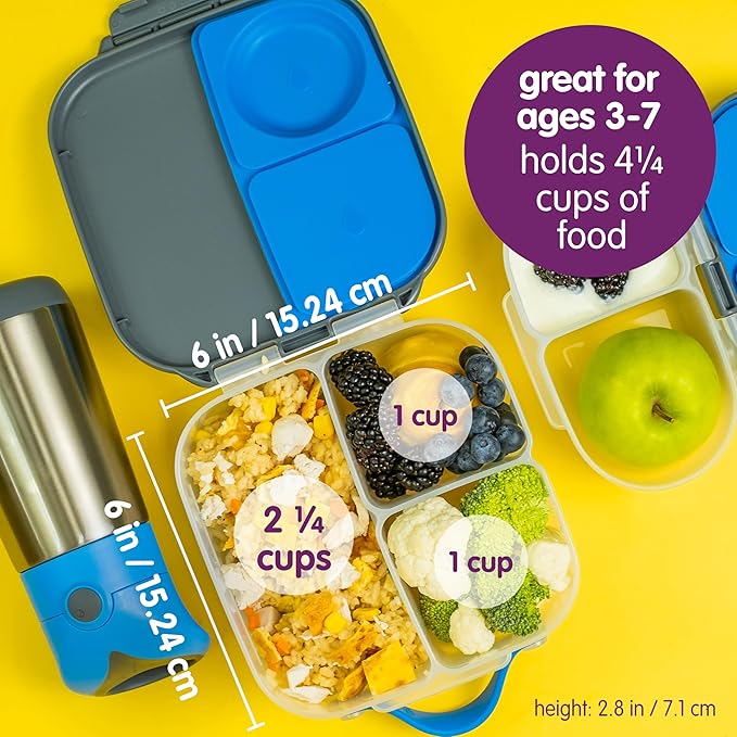 b.box Mini Lunch Box, Bento Box for Kids, Snack Container with 2 Leak Proof Compartments, Reusable Snack Containers with Lids, Kids Lunch Boxes Ages 3+, BPA Free, 4 1/4 Cup Capacity (Lemon Sherbet)