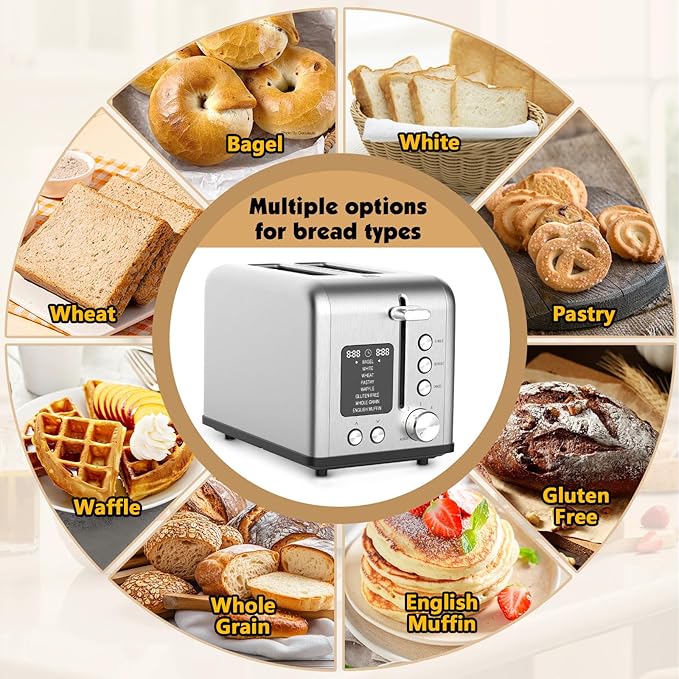 2-Slice Toaster with 8 Bread Types & 6 Browning Levels, Timer Count-down Display, Defrost, Reheat and Cancel Setting with LED Lighting, Extra lifting, Self-centering and Single Function, 825W