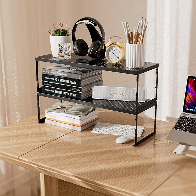Stackable Expandable Metal Shelf Organizer - Adjustable Wire Storage Rack with Holes for Kitchen, Bathroom, Cabinet, Office - Space Saving, Durable & Sturdy Design（2PACKS/Large/Black