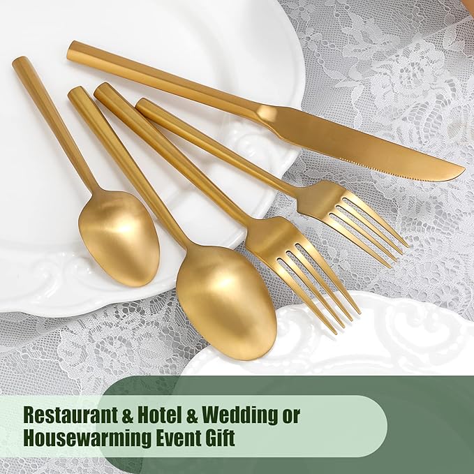 DEACORY Silverware Set Flatware Set Matte Gold Cutlery Set Brushed Brass Heavy Hexagon Handle Stainless Steel 40 Pieces Dishwasher Safe Service for 8