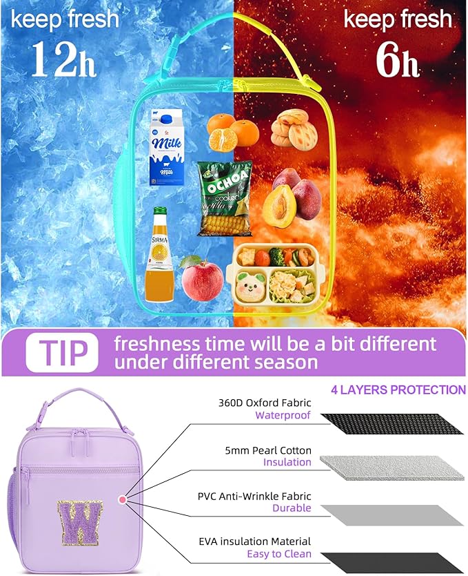Initial Insulated Lunch Bag for Girls Kids, Back to School Gift, Reusable Leak-proof Lunch Box with Adjustable Strap for School Daycare Travel Picnic (Purple,W)