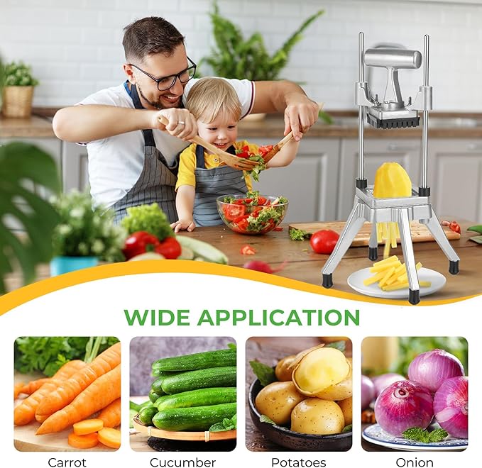 Commercial Vegetable Chopper & French Fry Cutter Stainless Steel - Includes 3 Blade Sizes (1/2",3/8",1/4")- Perfect for Home Kitchen or Restaurant Use - Dices, Slices & Chops Fruits and Potato