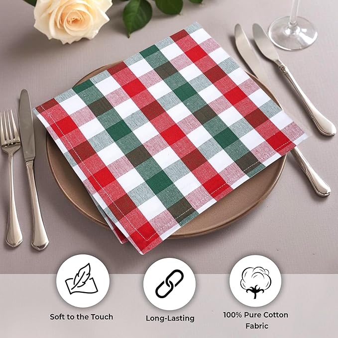Urban Villa Cloth Dinner Napkins Set of 12 Highly Absorbent Soft Premium Dinner Napkins 20x20 Inches, Hotel Quality Reusable & Washable Table DinnerNapkins for Home (Christmas Buffalo Checks)