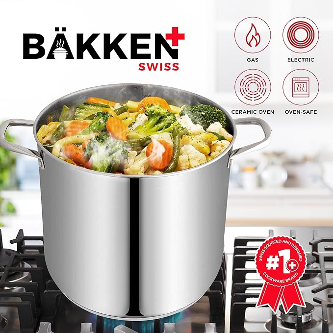 Stainless Steel Stockpot with Tempered Glass Lid 20 Quart, Durable 18/0 Stainless Steel, Impact-Bonded Base for Even Heating, Riveted Handles, Oven & All Stove Compatible, Safe Up To 500°F (260°C)