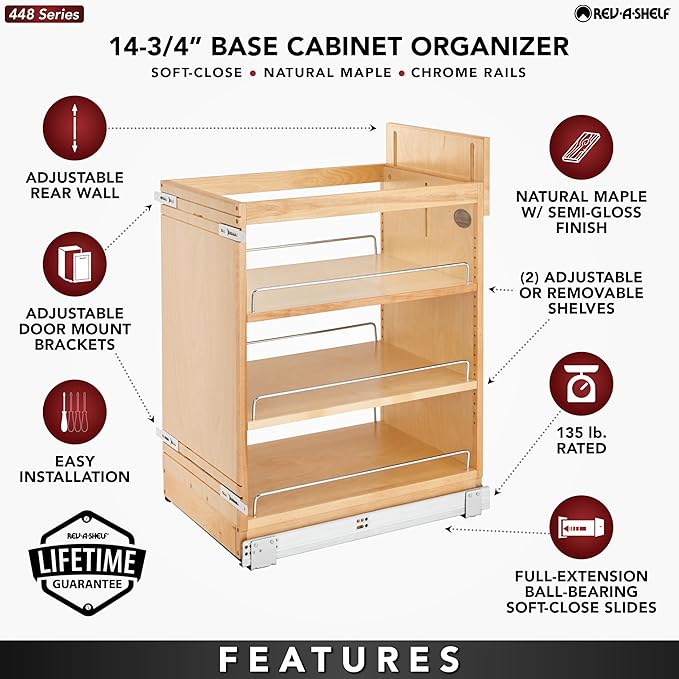 Rev-A-Shelf 14" Pullout Storage Organizer for Base Kitchen/Bathroom Cabinets with Soft-Close Full Extension Slides & Adjustable Shelves, 448-BCSC-14C