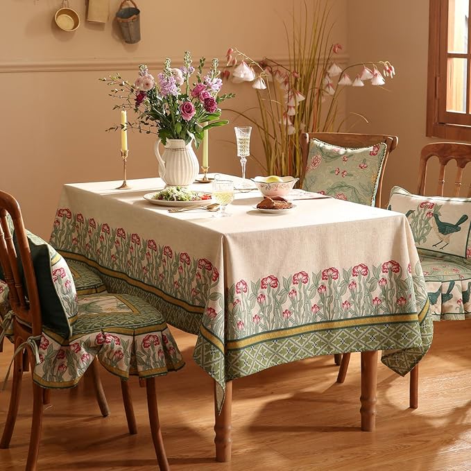 patdrea Designer Green Small Tablecloth for Rectangle Table,Vintage Linen Leaves Pattern Breathable Table Cloth,Floral Cover Decor for Kitchen Dining Christmas,Thanksgiving,55"x71"-Cecilia D