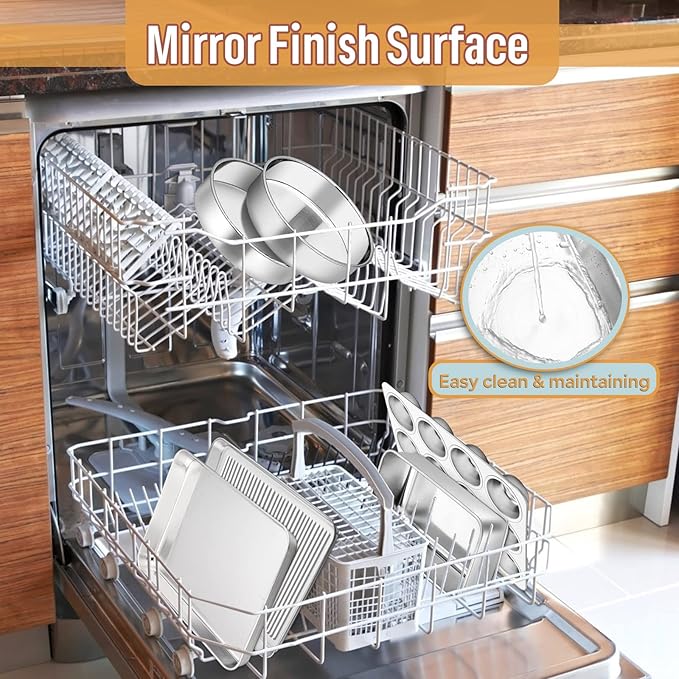 E-far 6-Piece Baking Pans set, Stainless Steel Bakeware Set for Oven, Include 8-Inch Cake Pan/Rectangle Baking Cookie Sheet/Muffin/Loaf Pan, Non-Toxic & Heavy Duty, Dishwasher Safe